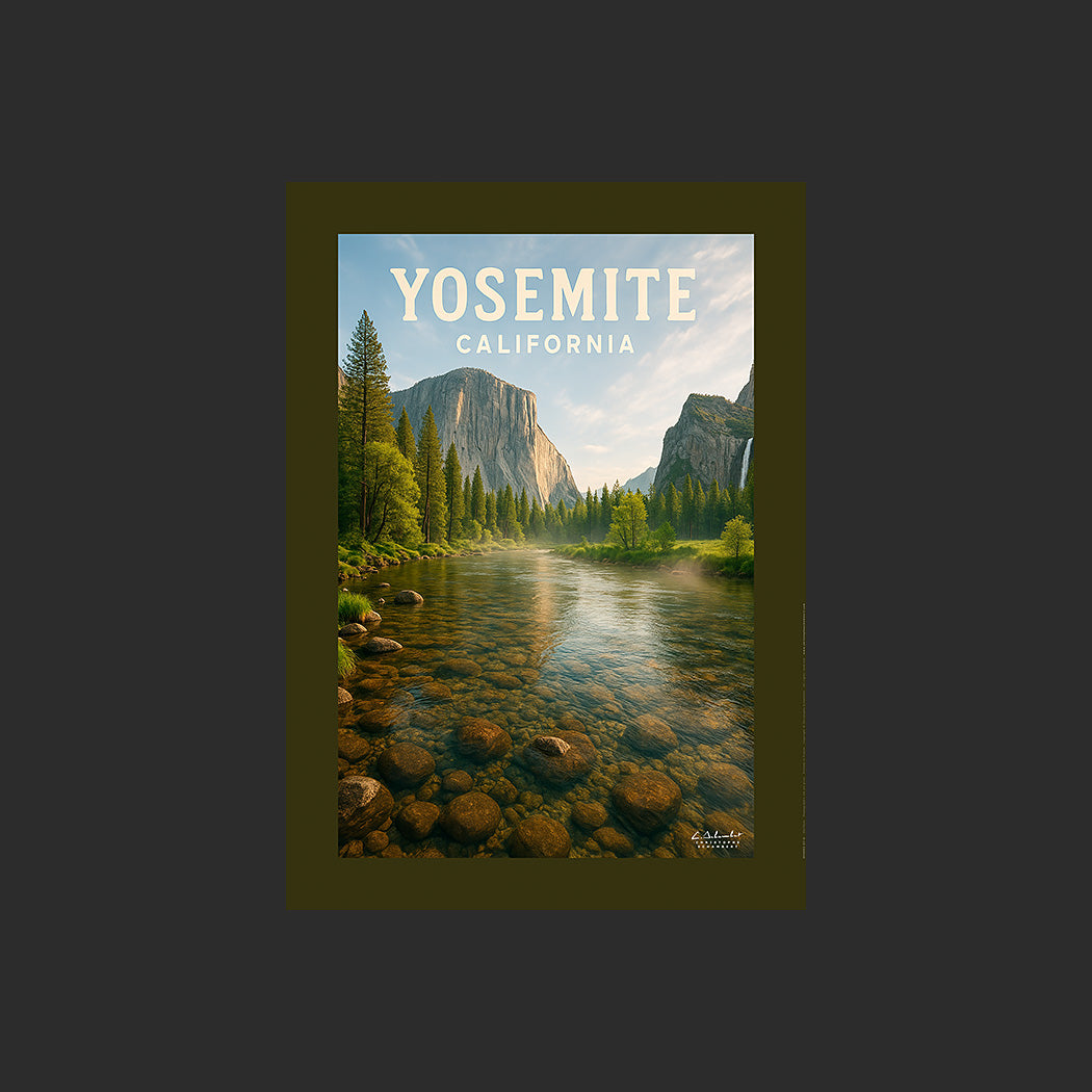 Affiche SP0093 Au bord d'une rivière du Yosemite National Park en Californie, design avec marge couleur.