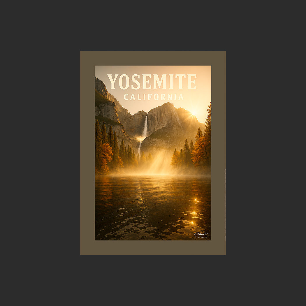 Affiche SP0096 Une cascade du Yosemite National Park au couchant en automne, design avec marge couleur.