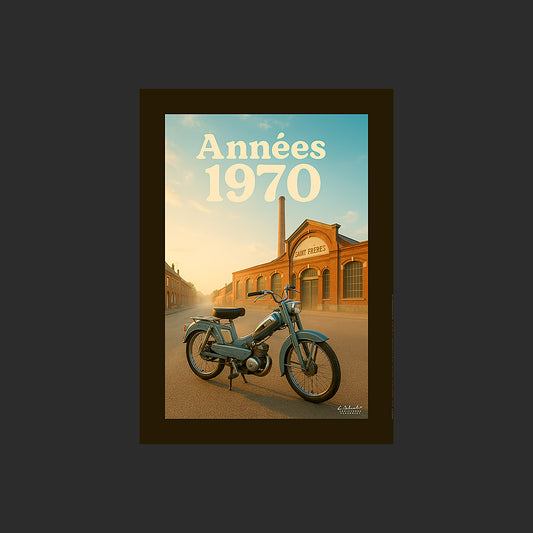 Affiche SP0100 Motobécane AV88 Bleue devant une usine Saint Frères à Flixecourt, design avec marge couleur.