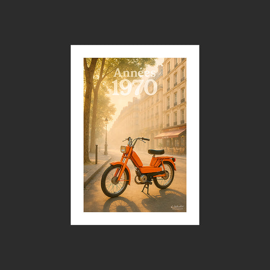 Affiche SP0101 Cyclomoteur Peugeot 103 orange à Paris Boulevard Saint-Germain, design avec marge blanche.
