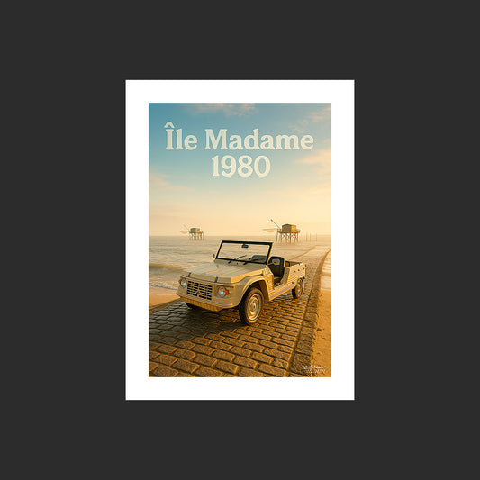Affiche SP0104 Citroën Méhari beige 1980 Ile Madame en Charente Maritime en été, design avec marge blanche.