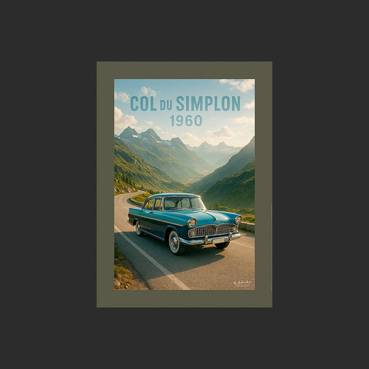 Affiche SP0105 Simca Chambord 1960 Col du Simplon Suisse Alpes en été, design avec marge couleur.