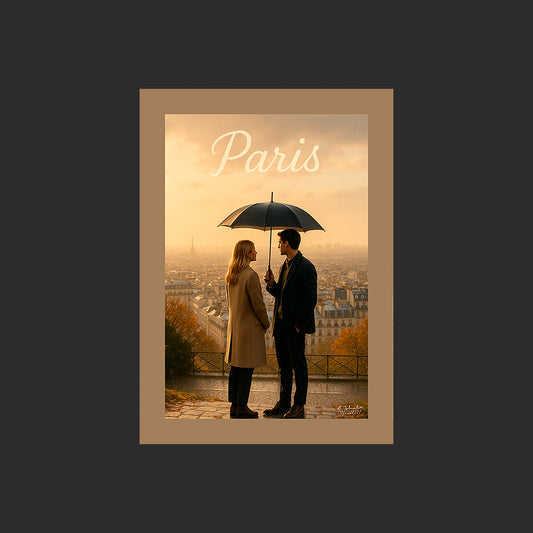 Affiche SP0112 Un jeune couple sur la Butte Montmartre à Paris en automne, design avec marge couleur.
