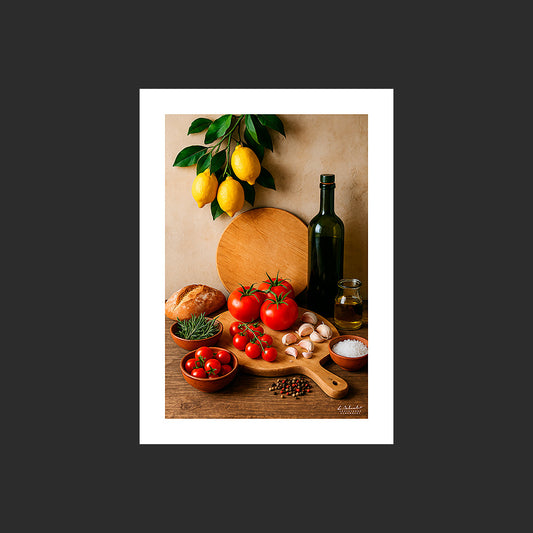 Affiche SP0115 Ingrédients de cuisine méditerranéenne sur une table, design avec marge blanche.