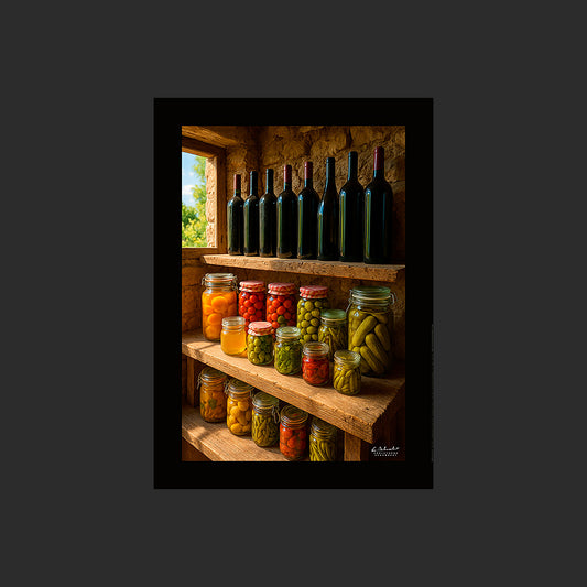 Affiche SP0116 Un cellier méditerranéen avec des conserves et des bouteilles, design avec marge couleur.