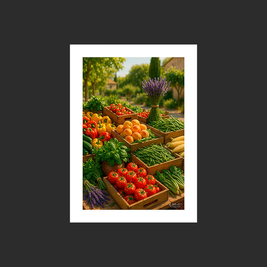 Affiche SP0117 Un marché en Provence avec un étal de fruits légumes et lavande, design avec marge blanche.