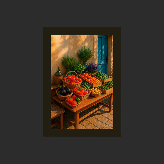 Affiche SP0118 Une maison de Provence avec étal de fruits et légumes en été, design avec marge couleur.