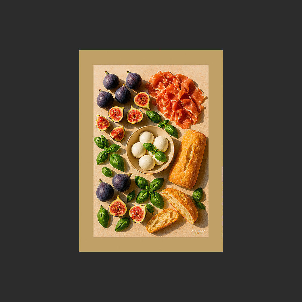 Affiche SP0119 Cuisine italienne avec jambon cru, mozzarella, basilic, ciabatta, figues, design avec marge couleur.