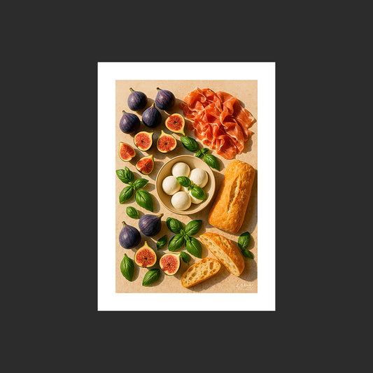 Affiche SP0119 Cuisine italienne avec jambon cru, mozzarella, basilic, ciabatta, figues, design avec marge blanche.