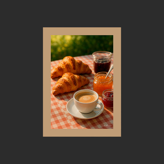 Affiche SP0120 Petit déjeuner français, croissants, café, confitures, nappe à carreaux, design avec marge couleur.