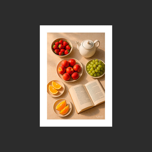 Affiche SP0121 Composition stylisée avec fruits frais, théière, livre ouvert, design avec marge blanche.