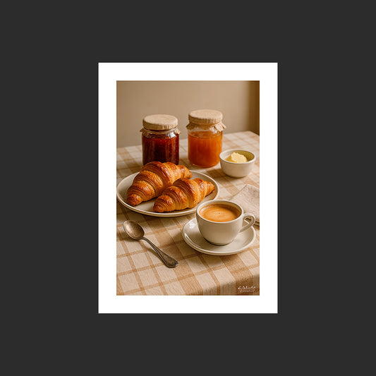 Affiche SP0122 Petit déjeuner traditionnel, croissants, café, confitures, nappe beige, design avec marge blanche.