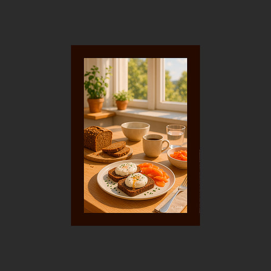 Affiche SP0123 Table de brunch scandinave, pain noir, saumon, œufs pochés, café, design avec marge couleur.
