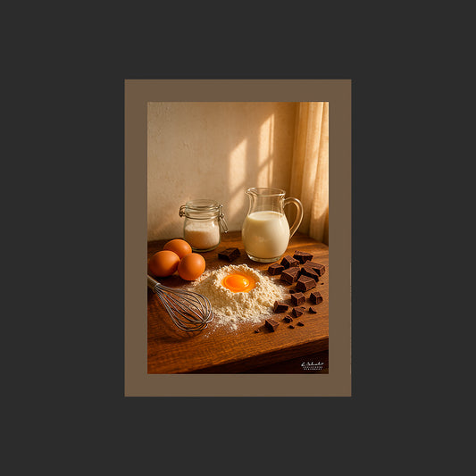 Affiche SP0124 Ingrédients de pâtisserie, farine, œufs, chocolat, lait, sucre, fouet, design avec marge couleur.