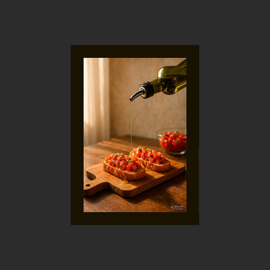 Affiche SP0125 Huile d’olive sur des tartines ou bruschettas sur planche à découper, design avec marge couleur.