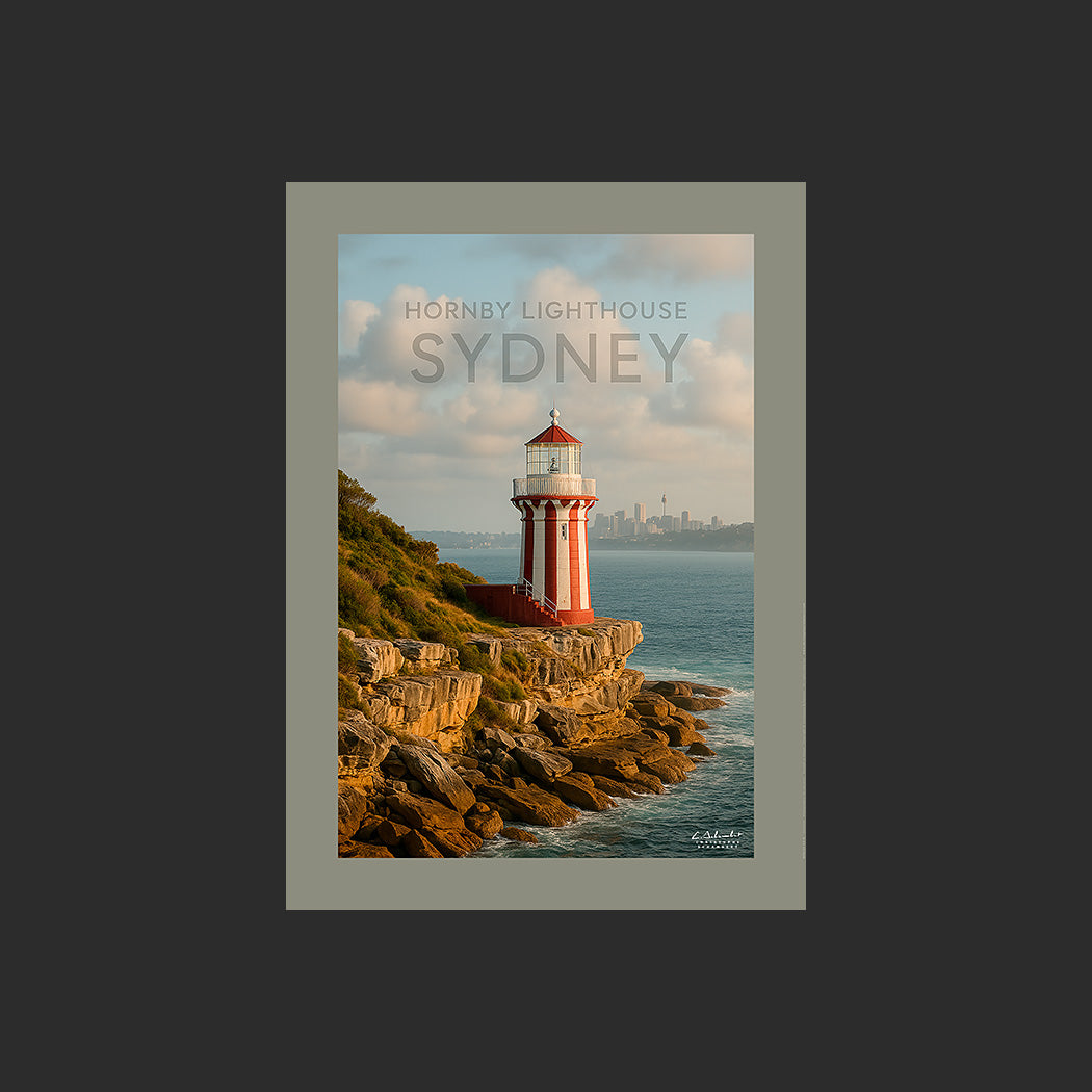 Affiche SP0127 Hornby Lighthouse Sydney Australie au couchant en été, design avec marge couleur.