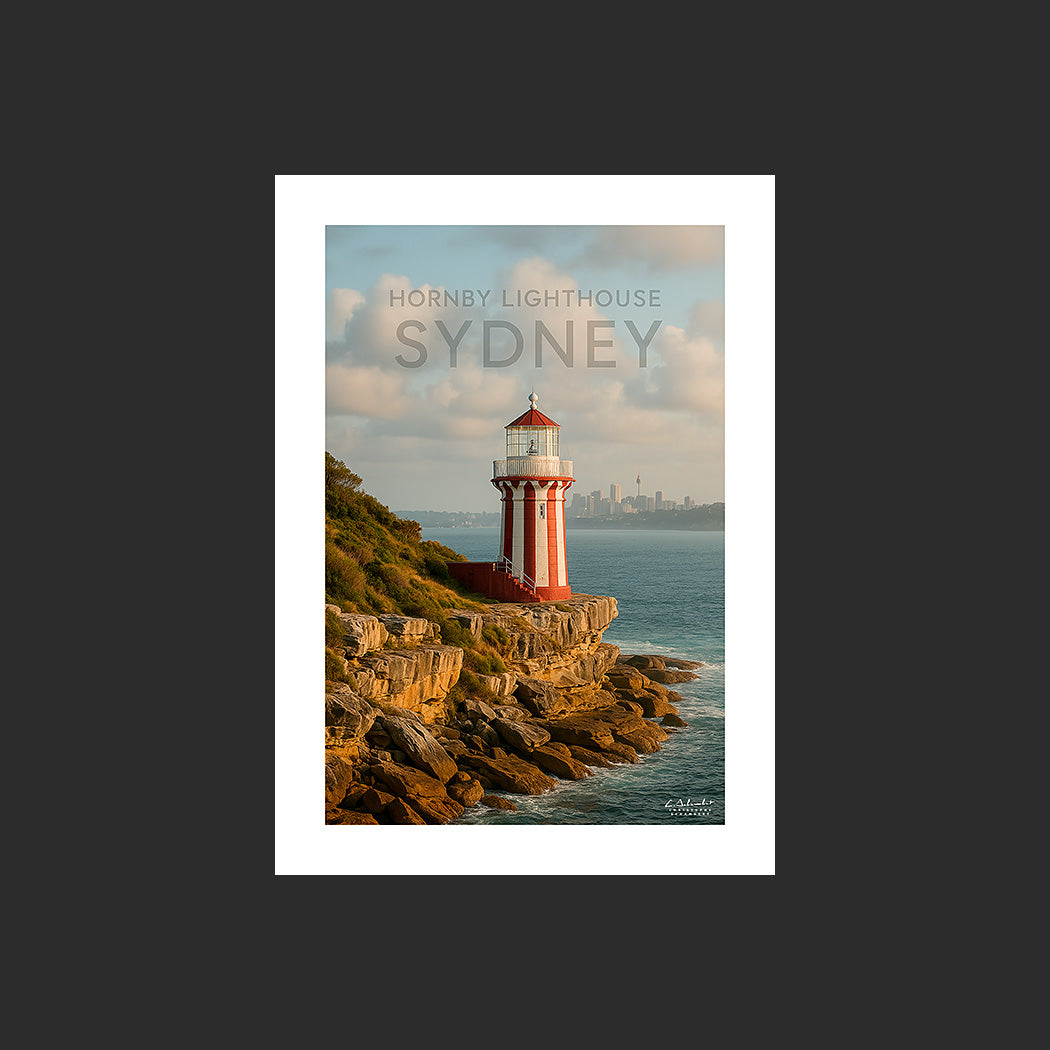 Affiche SP0127 Hornby Lighthouse Sydney Australie au couchant en été, design avec marge blanche.