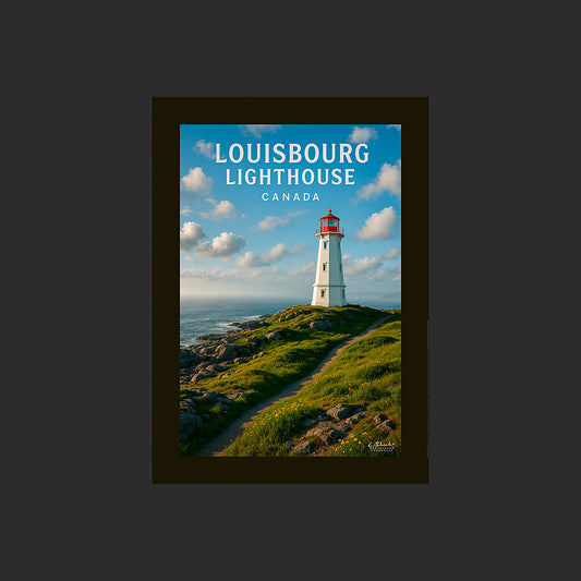 Affiche SP0129 Louisbourg Lighthouse Canada Nouvelle-Ecosse au couchant en été, design avec marge couleur.