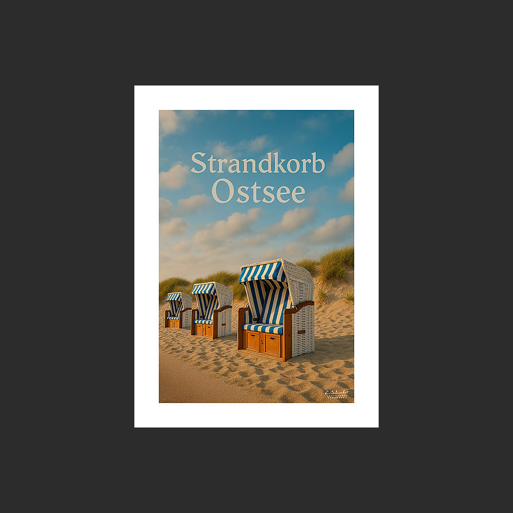 Affiche SP0132 Strandkorb en Allemagne sur une plage de la mer Baltique, design avec marge blanche.