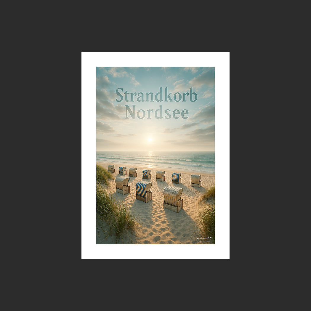 Affiche SP0132 Strandkorb en Allemagne avec la mer du Nord et la plage au couchant, design avec marge blanche.