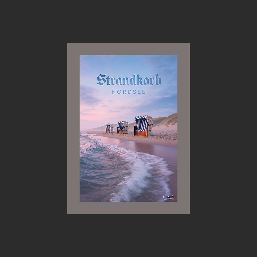 Affiche SP0135 Plage et dunes avec des strandkorbs en Allemagne au couchant, design avec marge couleur.