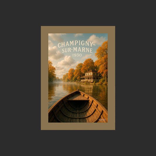 Affiche SP0140 Guinguette de Champigny-sur-Marne 1930 en barque sur la Marne, design avec marge couleur.