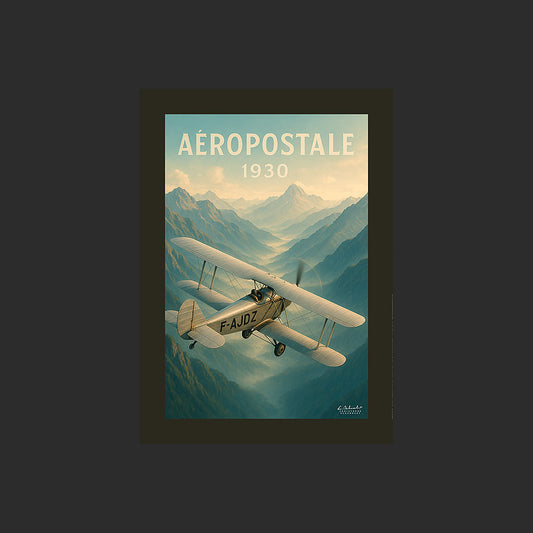 Affiche SP0143 Potez 25 Aéropostale 1930 dans les Andes au couchant, design avec marge couleur.