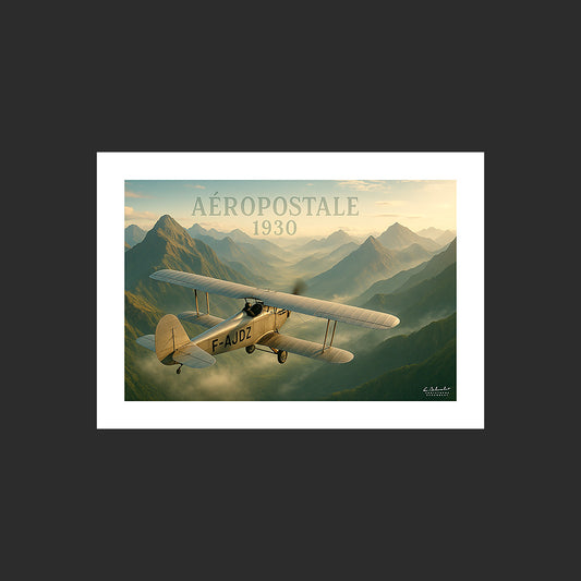 Affiche SP0144 Potez 25 Aéropostale 1930 Henri Guillaumet dans les Andes, design avec marge blanche.