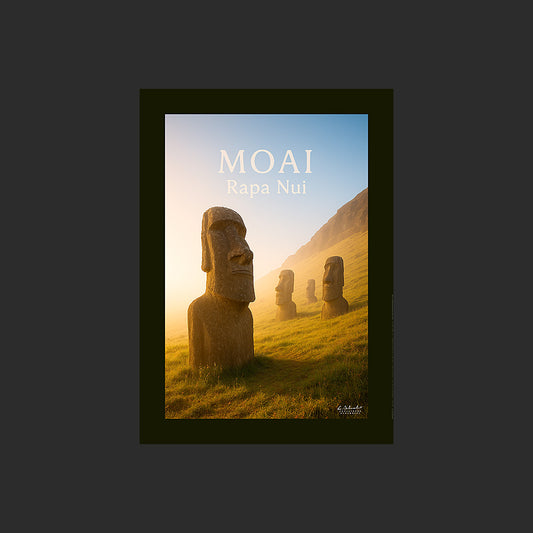 Affiche SP0145 Moaï sur l'Île de Pâques à flanc de montagne un matin d'été, design avec marge couleur.