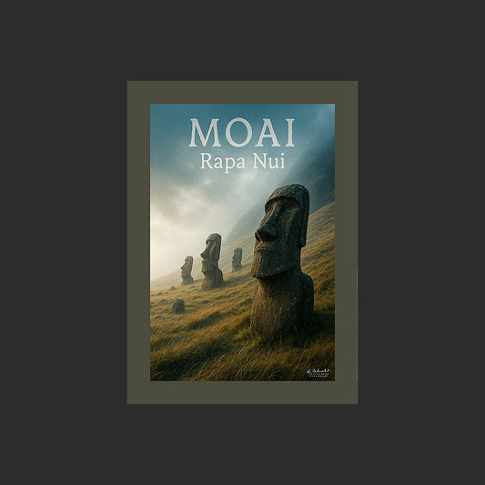 Affiche SP0146 Moaï sur l'Île de Pâques sur une pente en hiver sous la pluie, design avec marge couleur.