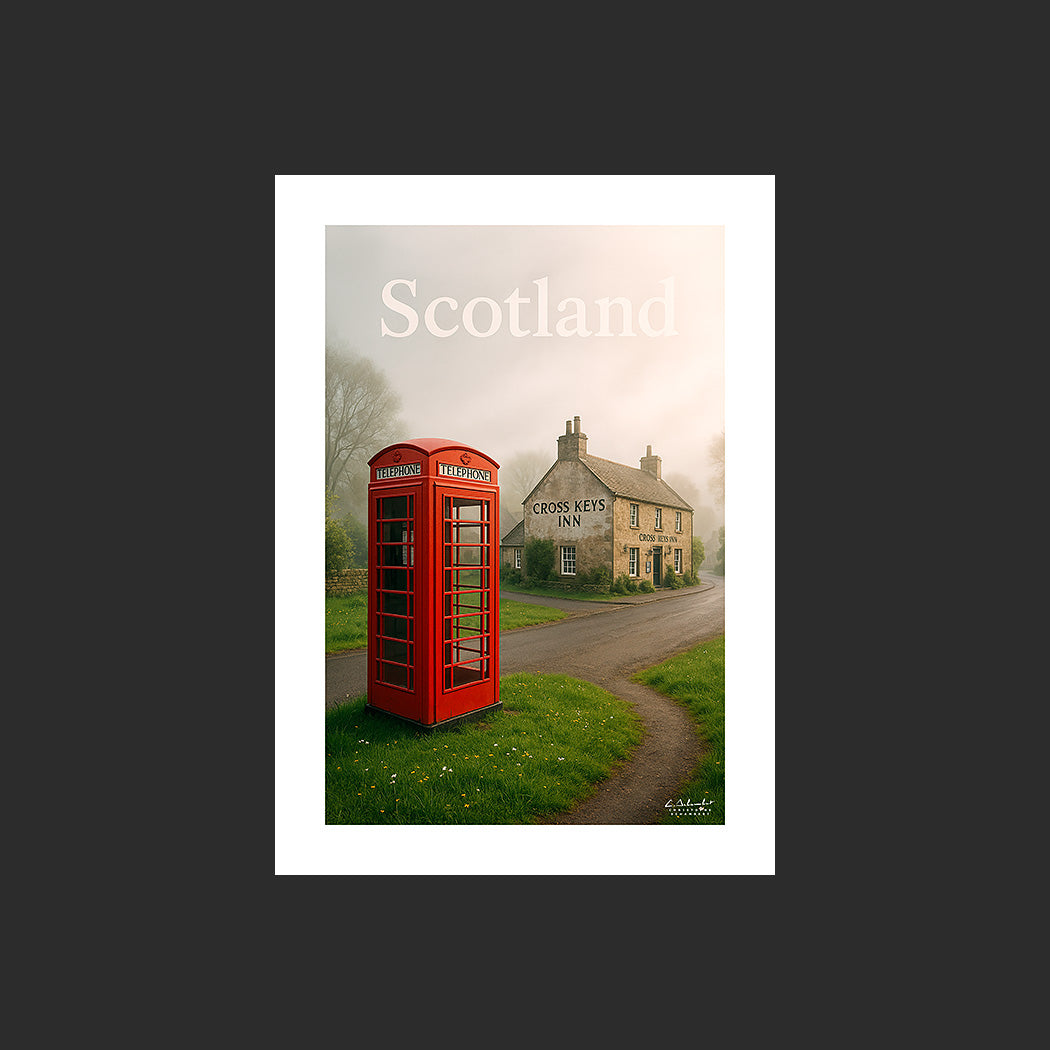 Affiche SP0149 Cabine téléphonique rouge en Ecosse devant un pub au printemps, design avec marge blanche.