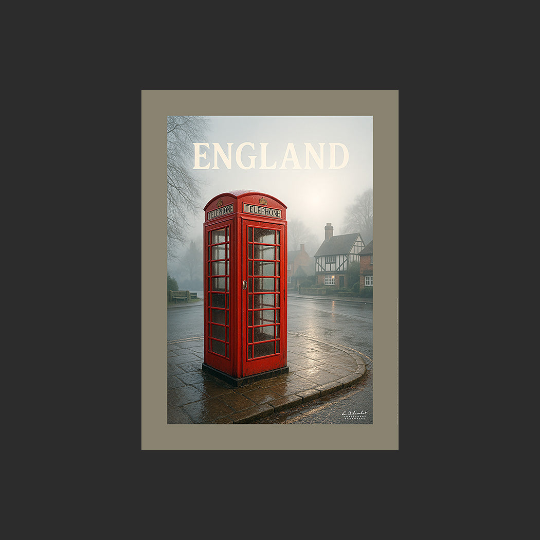 Affiche SP0150 Cabine téléphonique en Angleterre dans le Kent en hiver, design avec marge couleur.