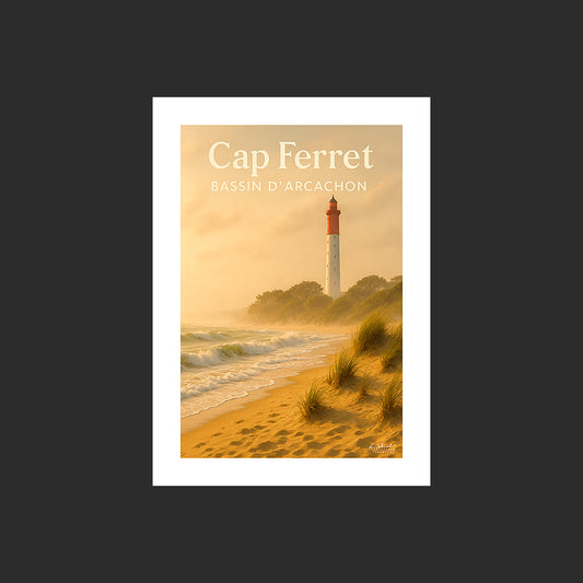 Affiche SP0154 Le phare et les dunes du Cap Ferret au couchant au printemps, design avec marge blanche.