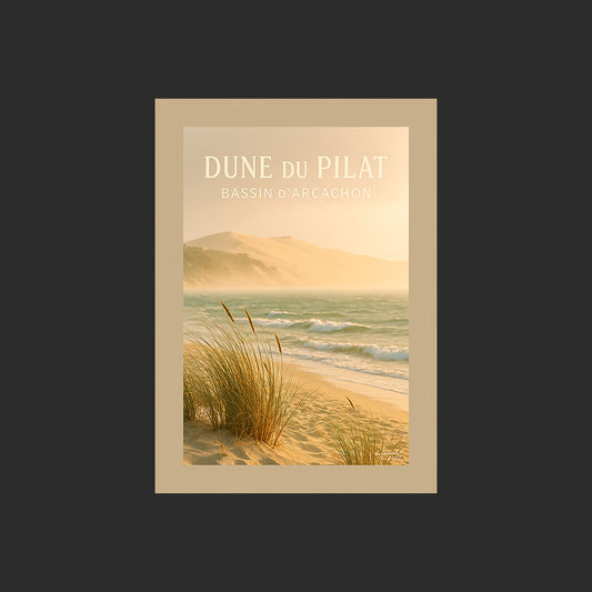 Affiche SP0155 La Dune du Pilat et le Bassin d'Arcachon au couchant au printemps, design avec marge couleur.