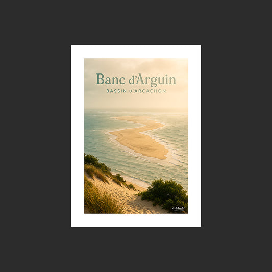 Affiche SP0156 Le Banc d'Arguin et le Bassin d'Arcachon au couchant au printemps, design avec marge blanche.