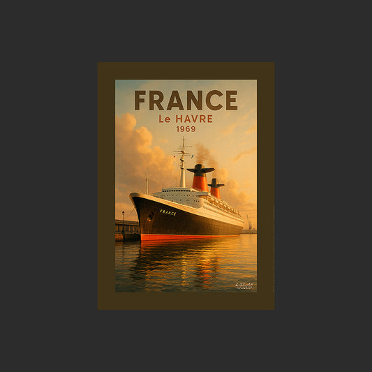 Affiche SP0157 Le paquebot France à quai au Havre en 1969 au couchant, design avec marge couleur.