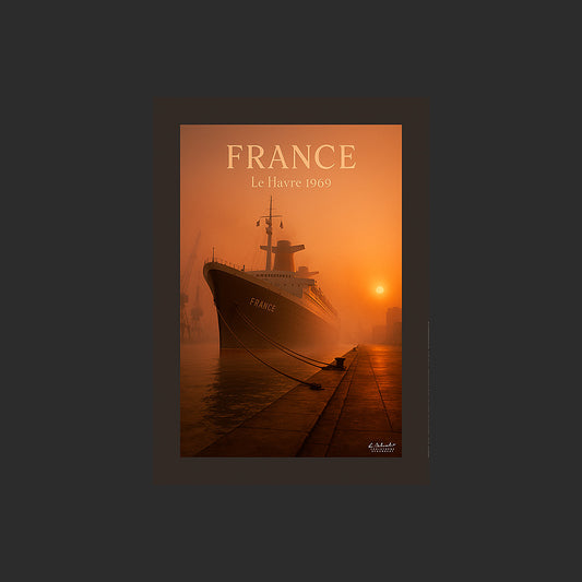 Affiche SP0158 Le paquebot France dans la brume au Havre au couchant, design avec marge couleur.