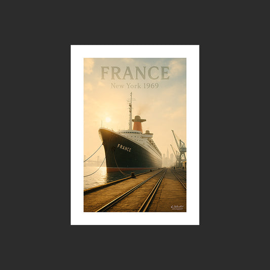 Affiche SP0160 Le paquebot France à New York en 1969 en été, design avec marge blanche.