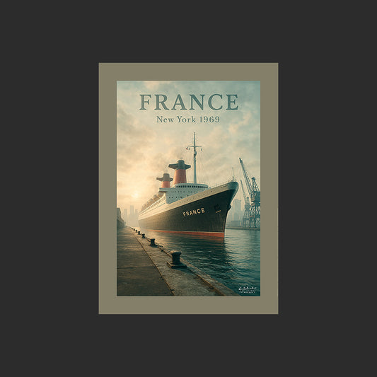 Affiche SP0161 Le paquebot France à New York en 1969 en hiver, design avec marge couleur.