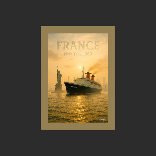 Affiche SP0162 Le paquebot France devant la statue de la Liberté à New York, design avec marge couleur.