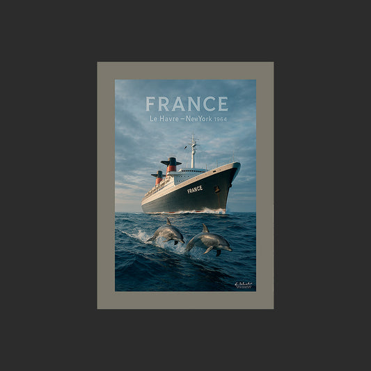 Affiche SP0163 Le paquebot France et des dauphins dans l'Atlantique, design avec marge couleur.