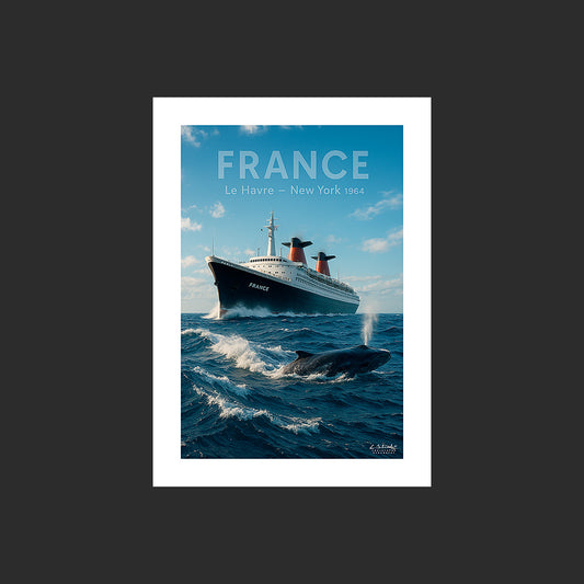 Affiche SP0164 Le paquebot France et une baleine dans l'Atlantique, design avec marge blanche.