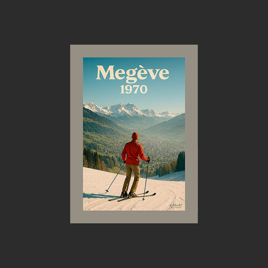Affiche SP0165 Un skieur sur une piste de Megève en 1970, design avec marge couleur.