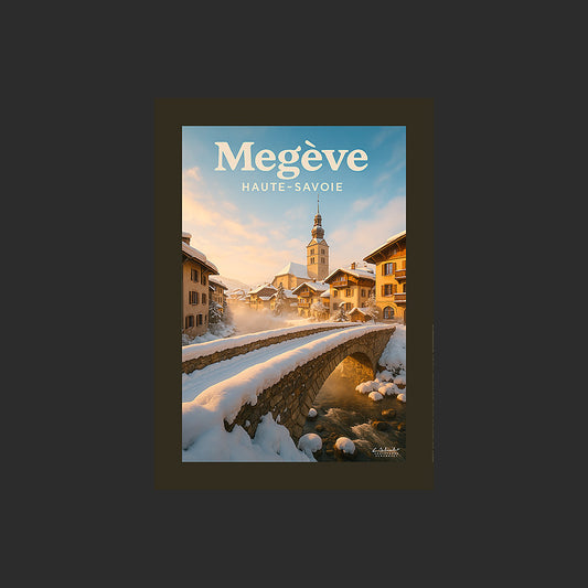 Affiche SP0166 La station de ski de Megève en Haute-Savoie en hiver au couchant, design avec marge couleur.