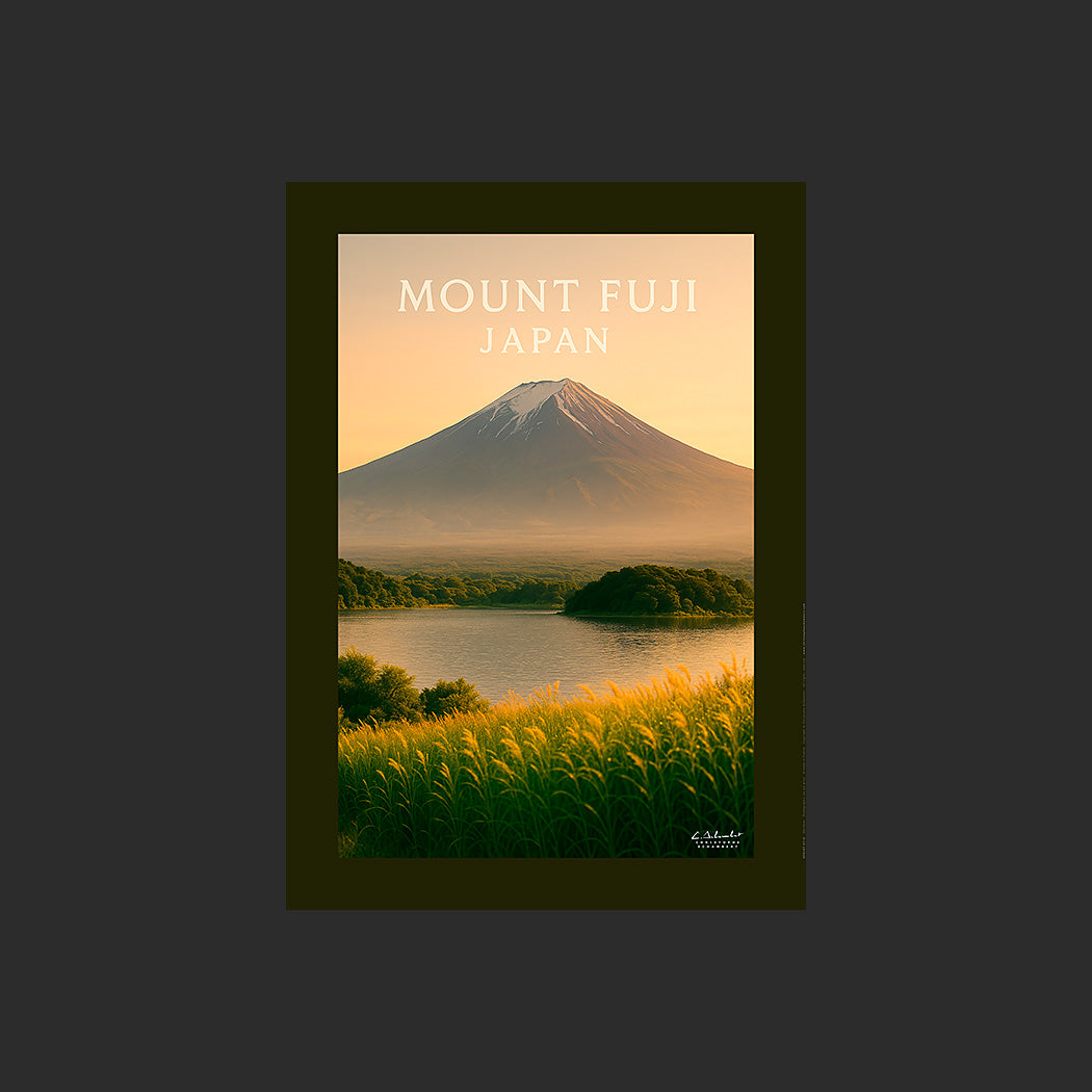 Affiche SP0167 Le Mont Fuji au Japon en été au soleil couchant, design avec marge couleur.