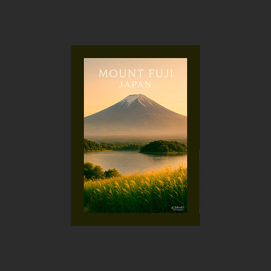 Affiche SP0167 Le Mont Fuji au Japon en été au soleil couchant, design avec marge couleur.