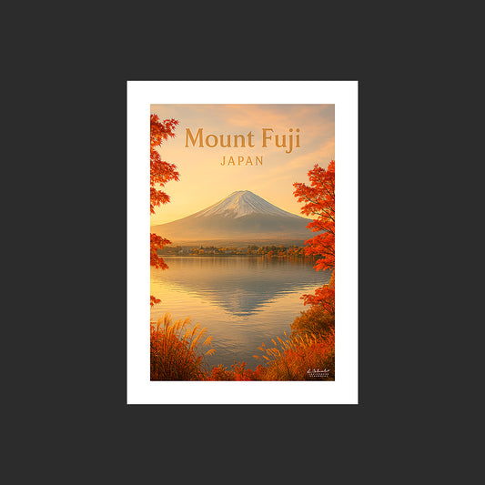 Affiche SP0168 Le Mont Fuji au Japon en automne au couchant, design avec marge blanche.