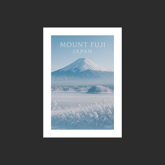 Affiche SP0169 Le Mont Fuji au Japon en hiver sous la neige et le givre, design avec marge blanche.