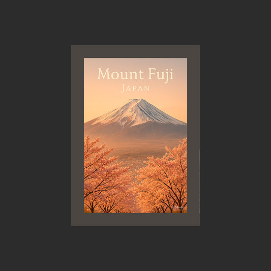 Affiche SP0170 Le Mont Fuji au Japon avec des cerisiers au printemps, design avec marge couleur.