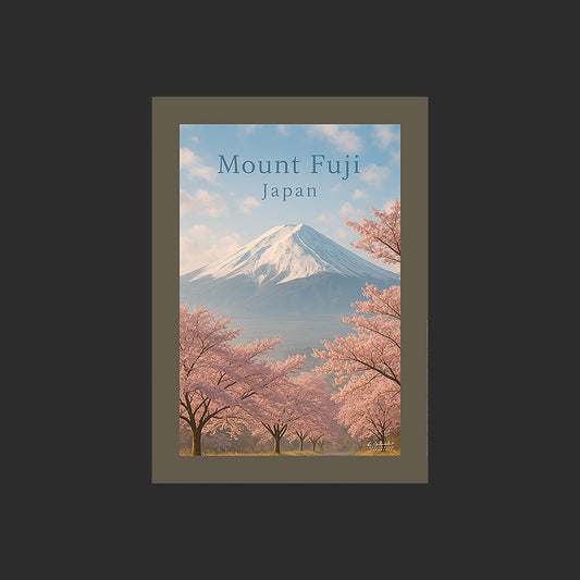 Affiche SP0171 Le Mont Fuji au Japon avec des cerisiers en fleurs un matin de printemps, design avec marge couleur.